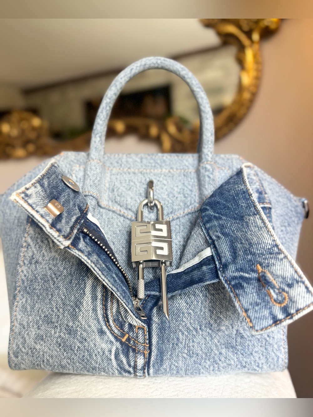 Givenchy Blue Mini Antigona Lock Denim Bag